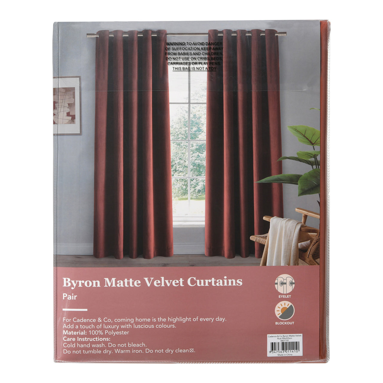 Rust Byron Matt Velvet Eyelet Blockout Curtains (Set of 2)