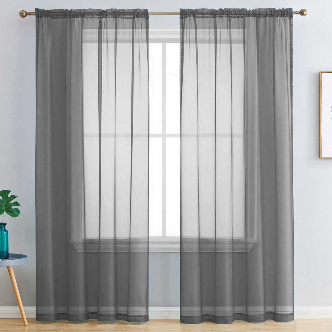 Dark Grey Luxton Rod Pocket Voile Sheer Curtains (Set of 2)