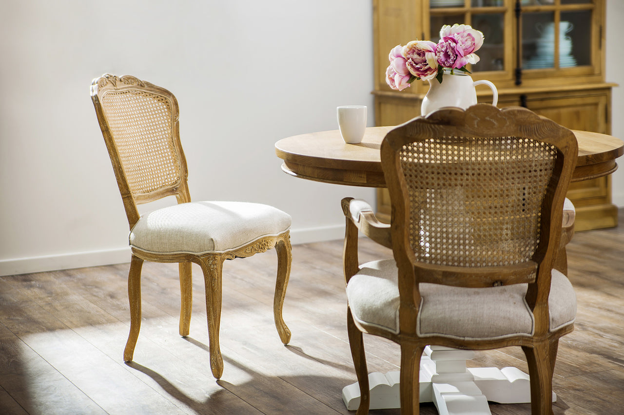 French Country Linen Dining Chair With Rattan Back (Set of 2)