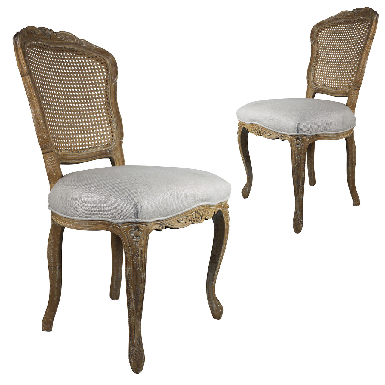 French Country Linen Dining Chair With Rattan Back (Set of 2)